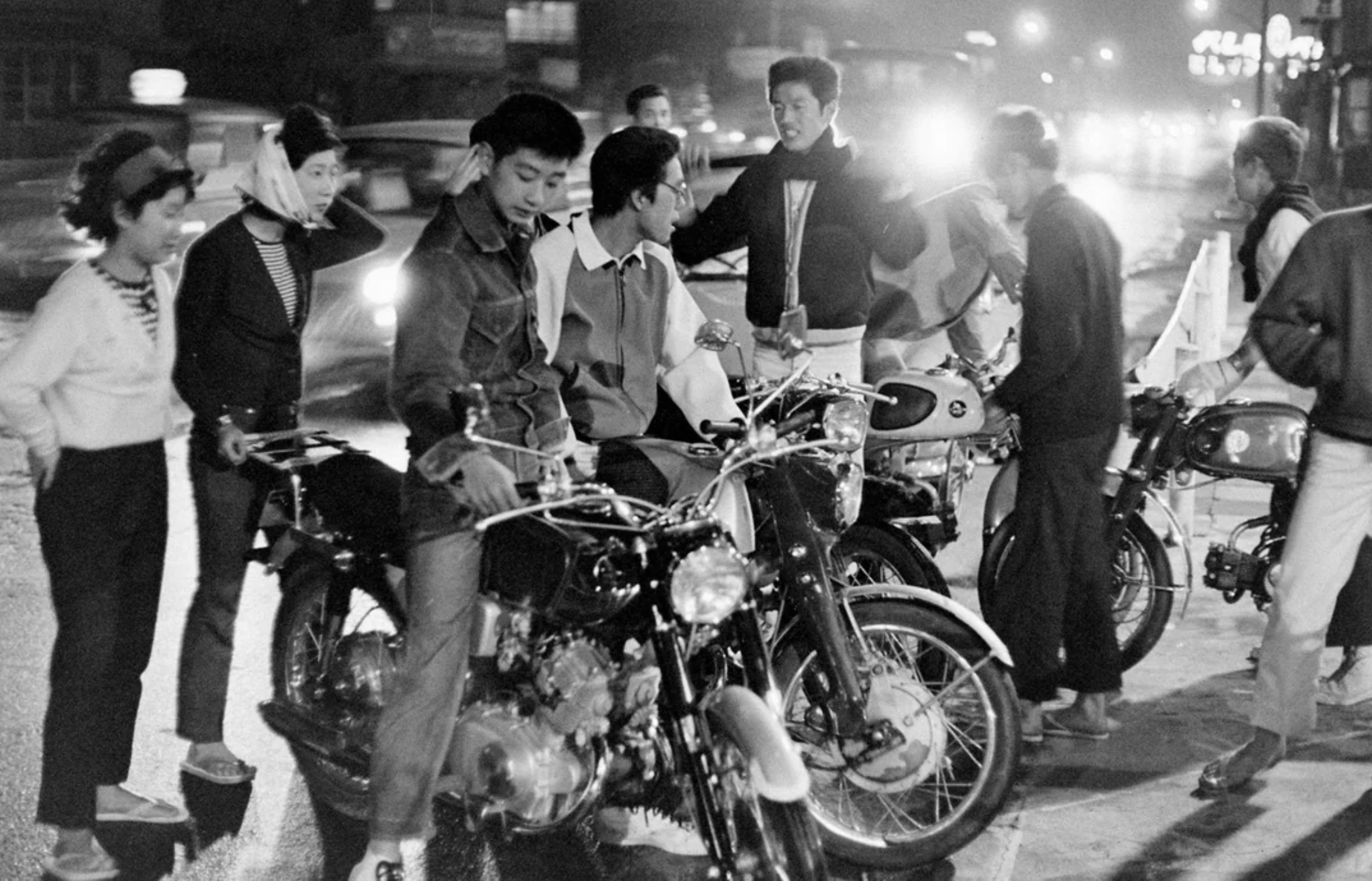 A group of "motorcycle kids," one of numerous subsets of teen subcultures in Tokyo, 1964. 